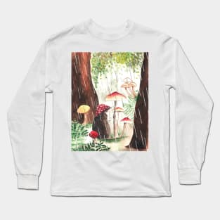 Hedgehog With Toadstool Hat On A Rainy Day Long Sleeve T-Shirt